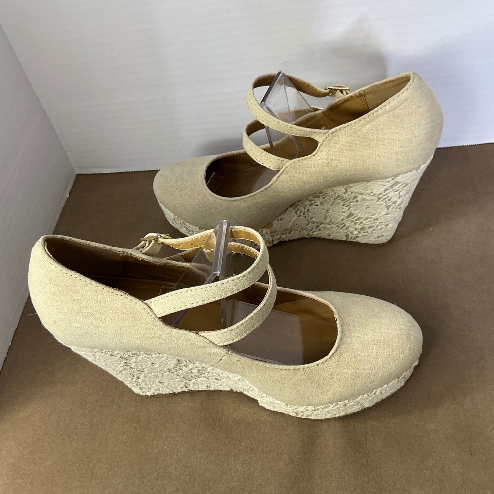 Soda Women Beige Linen Lace Wrap Platform Wedge Mary Jane Double Strap Heels